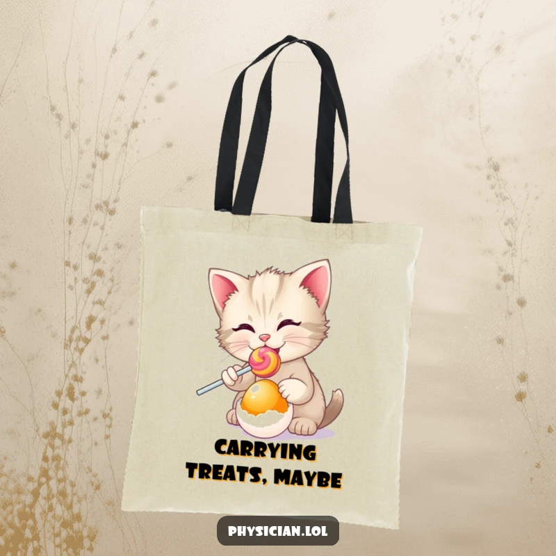 Funny kitten prescribing a lollipop to an egg, on a tote bag, great for carrying daily items with humor.