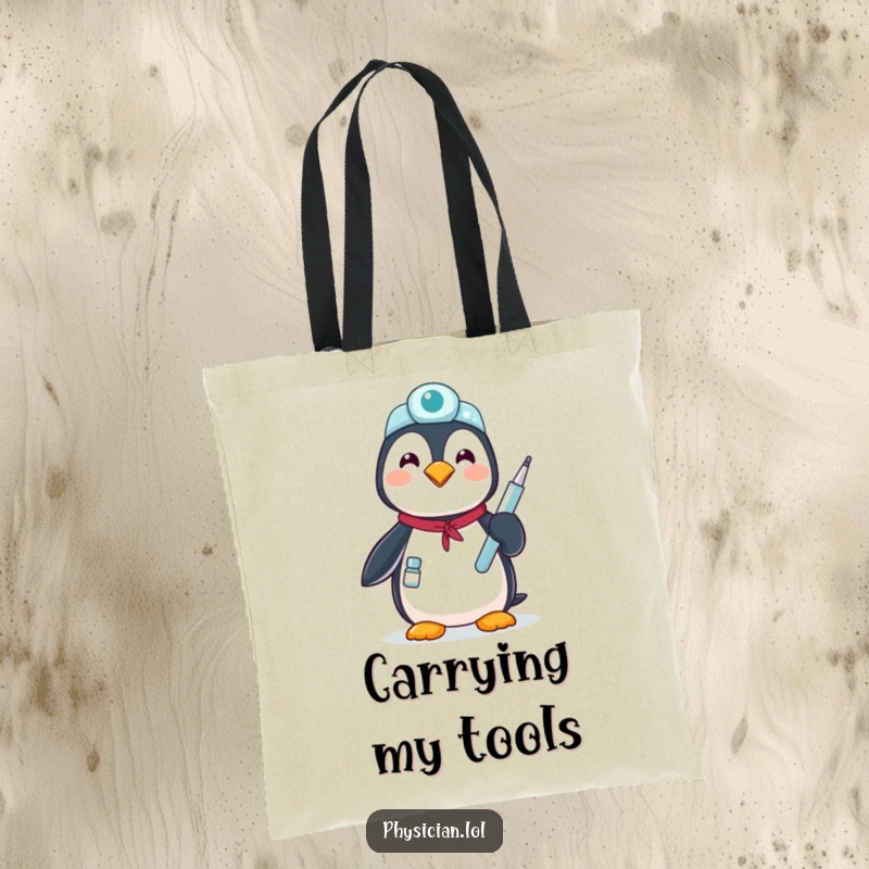 Funny proud penguin tote bag: a practical bag with a penguin doctor holding a medical tool, symbolizing care and support.