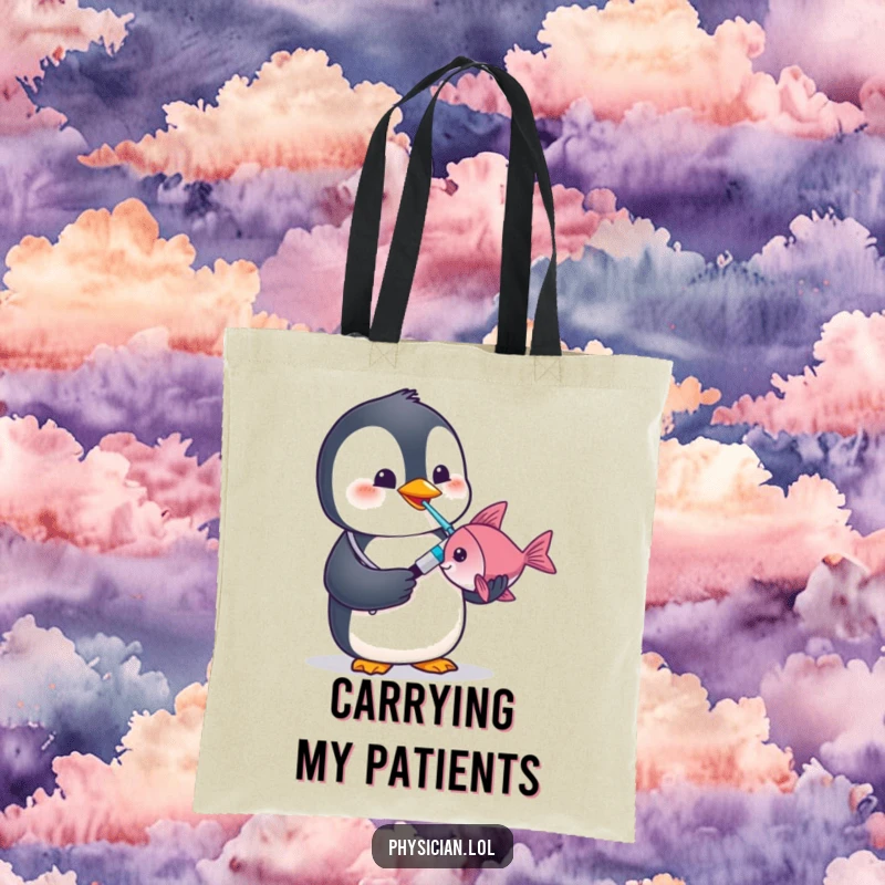 Funny penguin doctor tote bag featuring a penguin using a thermometer on a fish, perfect for medical professionals.
