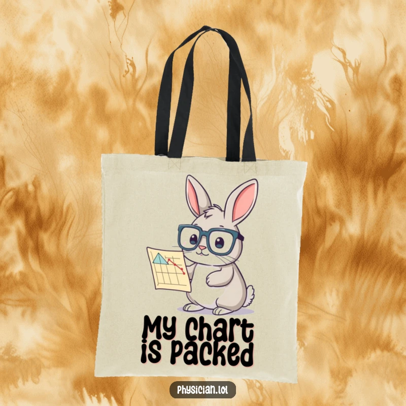 Funny rabbit chart tote bag with a curious bunny wearing glasses studying a chart, practical and humorous for book lovers.