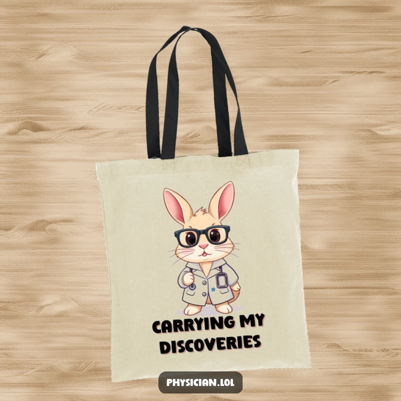 Funny tote bag with a curious rabbit wearing a lab coat and glasses, perfect for carrying supplies with scientific flair.