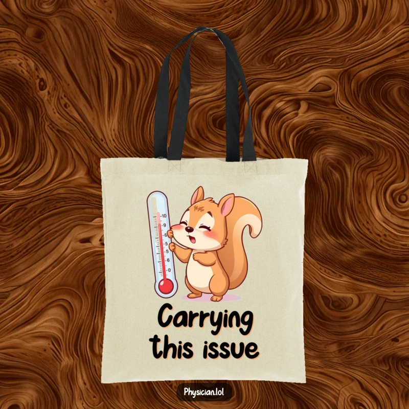 Funny tote bag with a flustered squirrel trying to use a giant thermometer, perfect for carrying essentials during recovery with humor.