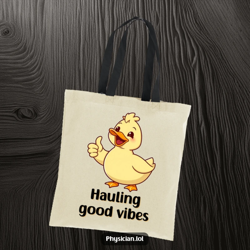 Funny tote bag featuring a delighted duck with a smile giving a thumbs up, perfect for carrying items with humorous positivity.