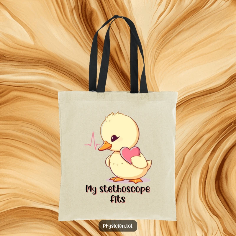 Funny wobbly duckling doctor tote bag, holding a stethoscope, listening to a heartbeat, perfect for daily errands.